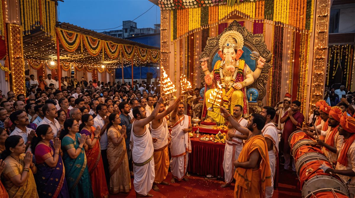 Priests performing evening aarti at Ganesh Utsav