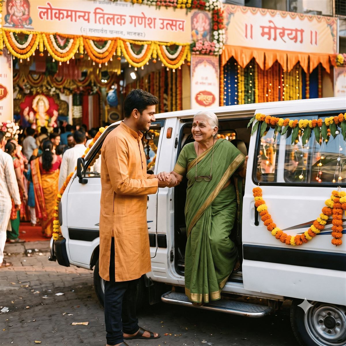 Volunteer helping a devotee with free pickup-drop seva at Ganesh Utsav 2026