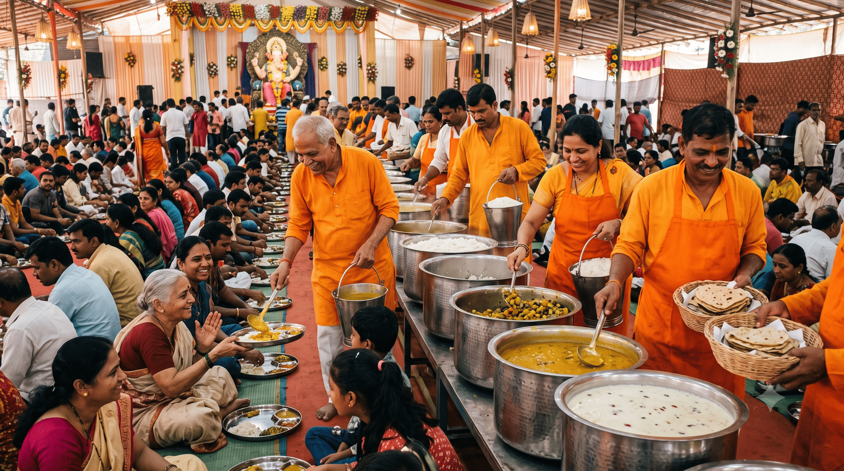 Volunteers serving free Bhojan Prasad meals at Ganesh Utsav